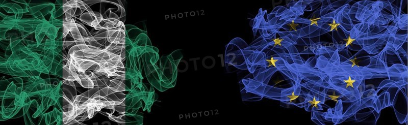 Flags of Nigeria and EU on Black background, Nigeria vs Europe Union Smoke Flags
