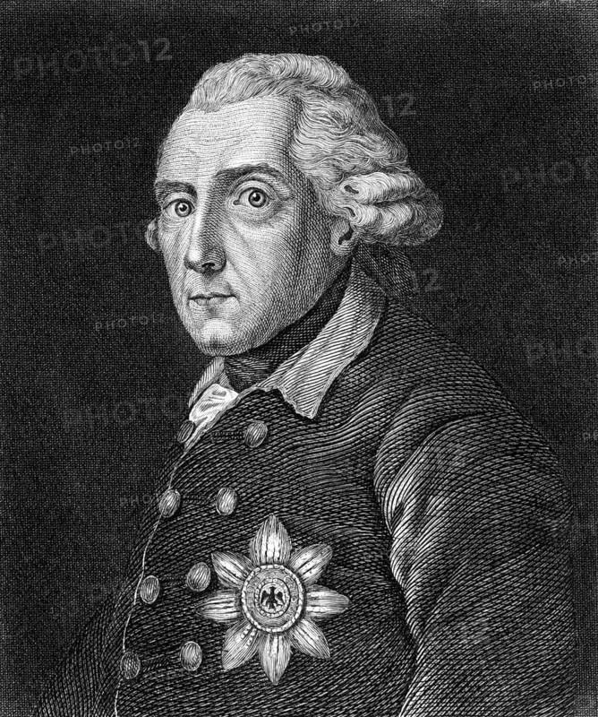 Frederick II (1712-1786) on engraving from 1859. King of Prussia during 1740-1786. Engraved by unknown artist and published in Meyers Konversations-Lexikon, Germany, 1859, Europe