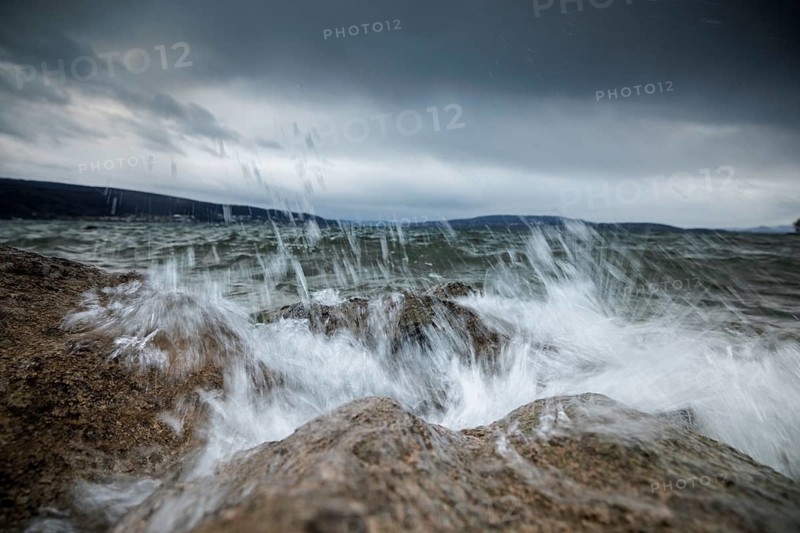 Stormy sea with powerful waves crashing against rocky shore, harbour, Mittelzell, Reichenau, Lake Constance, Baden-Württemberg, Germany, Europe