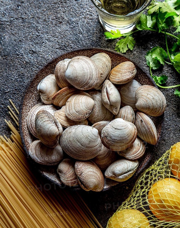 Food, Food, Ingredients for preparation spaghetti with clams, raw fresh clams, spaghetti coriander, white wine lemon