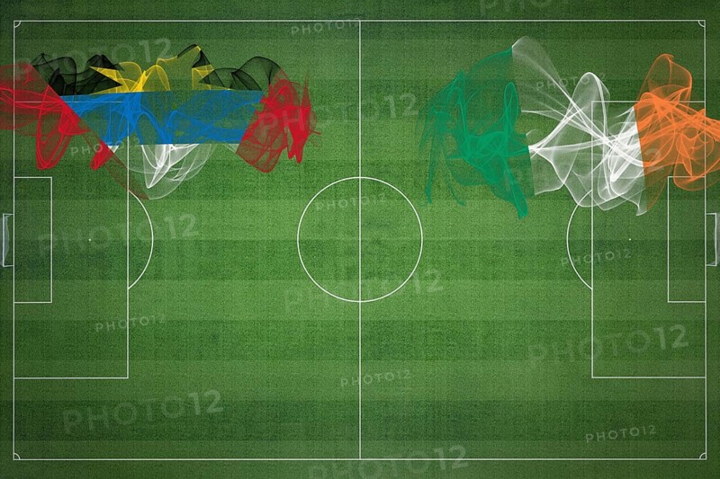 Antigua and Barbuda vs Ireland Soccer Match, national colors, national flags, soccer field, football game, Competition concept, Copy space