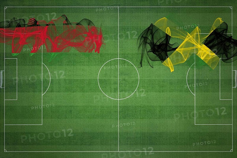 Malawi vs Jamaica Soccer Match, national colors, national flags, soccer field, football game, Competition concept, Copy space