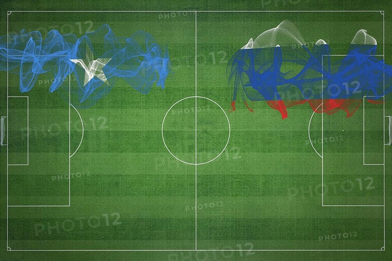 Somalia vs Russia Soccer Match, national colors, national flags, soccer field, football game, Competition concept, Copy space