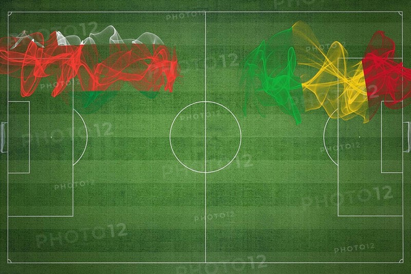 Oman vs Mali Soccer Match, national colors, national flags, soccer field, football game, Competition concept, Copy space