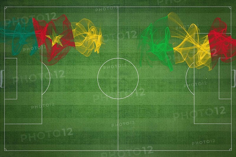 Cameroon vs Mali Soccer Match, national colors, national flags, soccer field, football game, Competition concept, Copy space