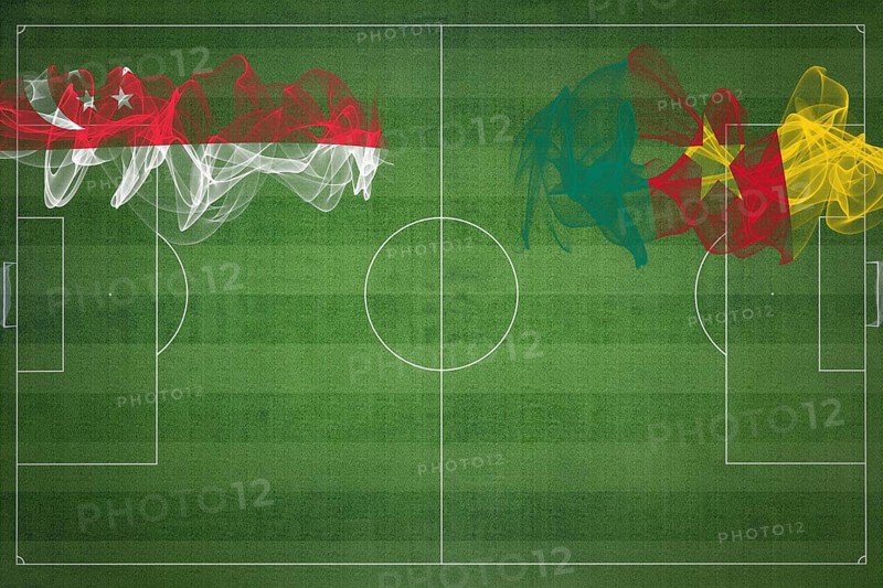 Singapore vs Cameroon Soccer Match, national colors, national flags, soccer field, football game, Competition concept, Copy space