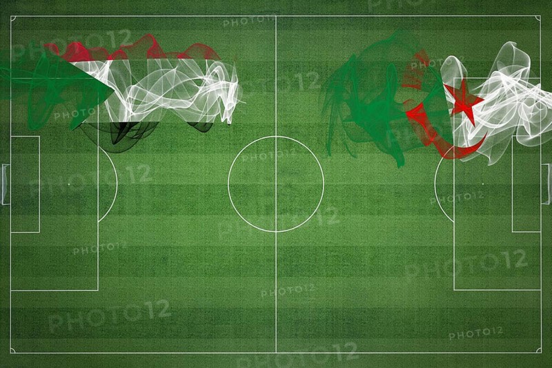 Sudan vs Algeria Soccer Match, national colors, national flags, soccer field, football game, Competition concept, Copy space