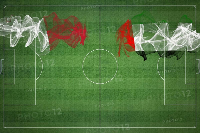 Malta vs United Arab Emirates Soccer Match, national colors, national flags, soccer field, football game, Competition concept, Copy space