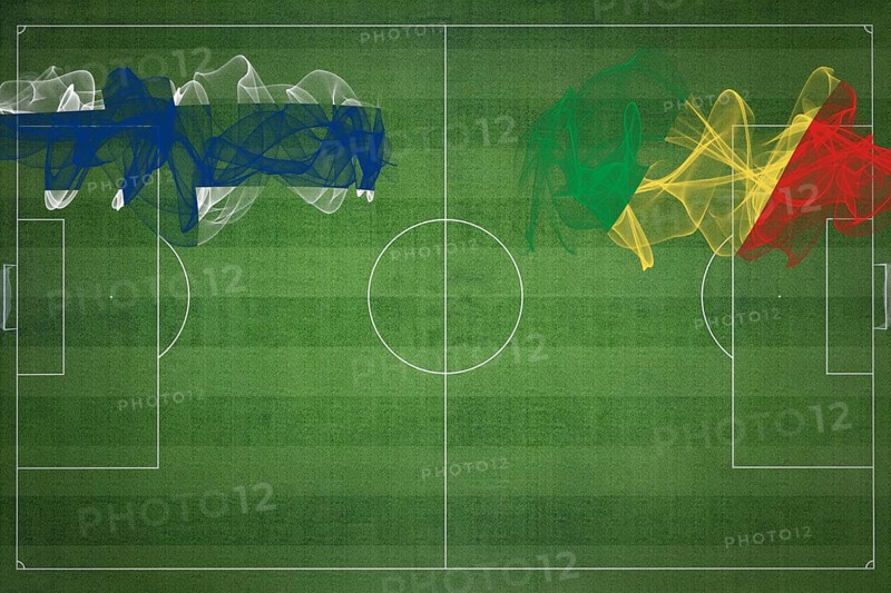 Finland vs Congo Soccer Match, national colors, national flags, soccer field, football game, Competition concept, Copy space