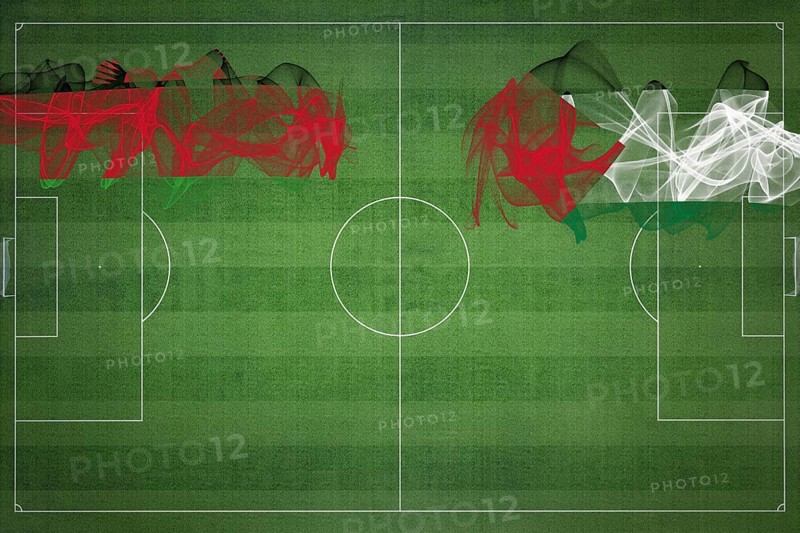 Malawi vs Palestine Soccer Match, national colors, national flags, soccer field, football game, Competition concept, Copy space