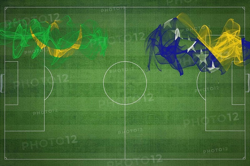 Mauritania vs Bosnia and Herzegovina Soccer Match, national colors, national flags, soccer field, football game, Competition concept, Copy space
