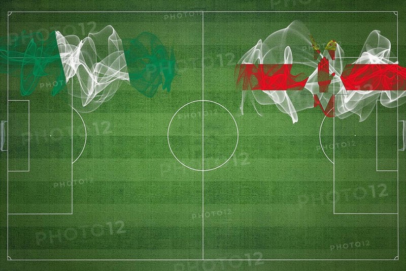 Nigeria vs Northern Ireland Soccer Match, national colors, national flags, soccer field, football game, Competition concept, Copy space