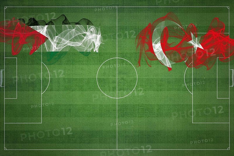 Palestine vs Turkey Soccer Match, national colors, national flags, soccer field, football game, Competition concept, Copy space