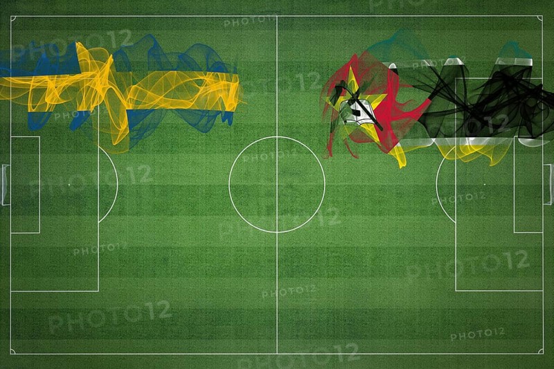 Sweden vs Mozambique Soccer Match, national colors, national flags, soccer field, football game, Competition concept, Copy space