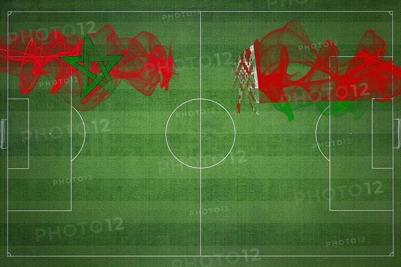 Morocco vs Belarus Soccer Match, national colors, national flags, soccer field, football game, Competition concept, Copy space