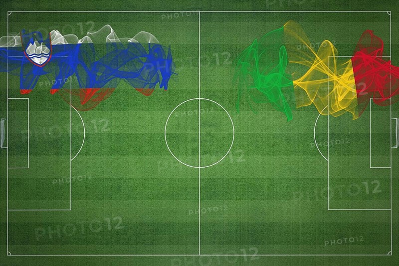 Slovenia vs Mali Soccer Match, national colors, national flags, soccer field, football game, Competition concept, Copy space