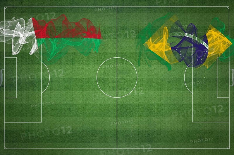 Madagascar vs Brazil Soccer Match, national colors, national flags, soccer field, football game, Competition concept, Copy space