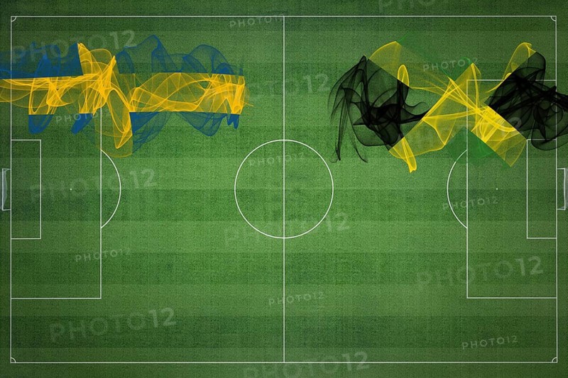 Sweden vs Jamaica Soccer Match, national colors, national flags, soccer field, football game, Competition concept, Copy space