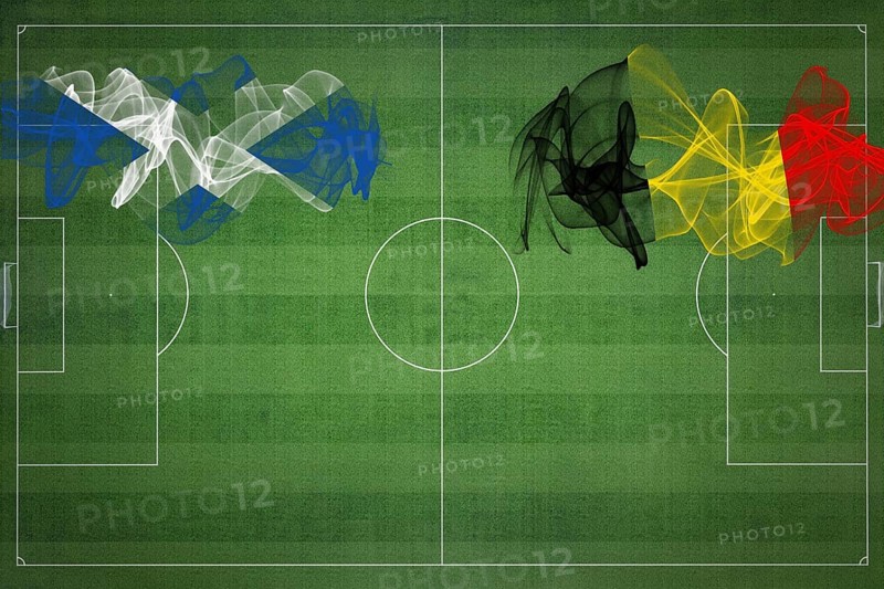 Scotland vs Belgium Soccer Match, national colors, national flags, soccer field, football game, Competition concept, Copy space