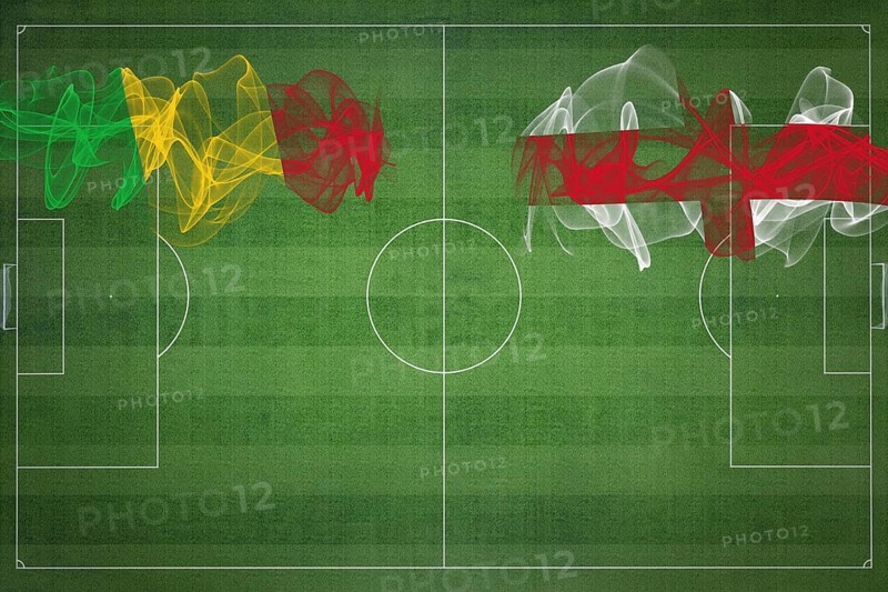 Mali vs England Soccer Match, national colors, national flags, soccer field, football game, Competition concept, Copy space