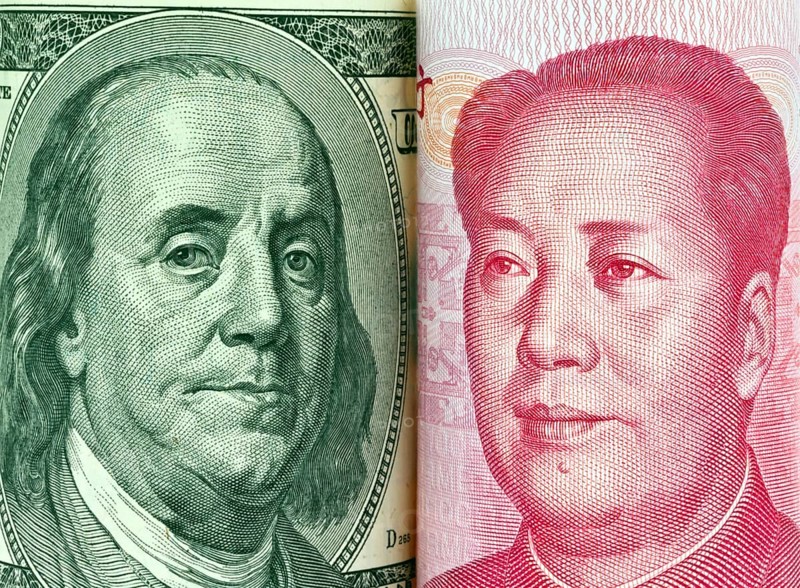 Chinese currency Yuan and American Dollar banknotes Austria