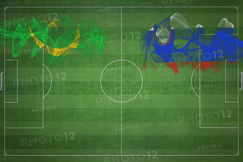 Mauritania vs Slovenia Soccer Match, national colors, national flags, soccer field, football game, Competition concept, Copy space