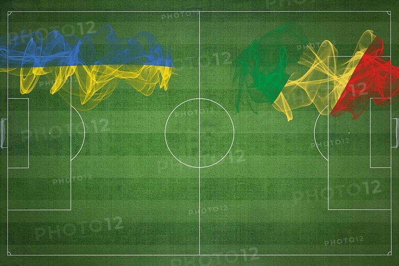 Ukraine vs Congo Soccer Match, national colors, national flags, soccer field, football game, Competition concept, Copy space