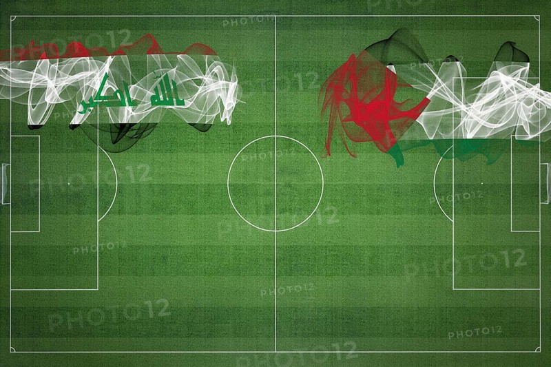 Iraq vs Palestine Soccer Match, national colors, national flags, soccer field, football game, Competition concept, Copy space