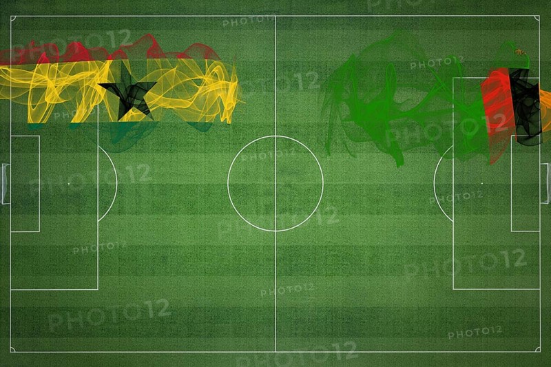 Ghana vs Zambia Soccer Match, national colors, national flags, soccer field, football game, Competition concept, Copy space