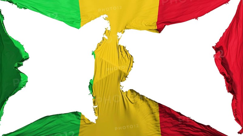 Destroyed Mali flag, white background, 3d rendering
