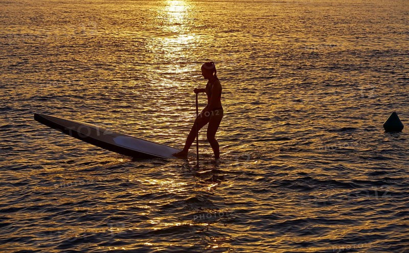 SUP Stand up Surf girl with paddle at sunset