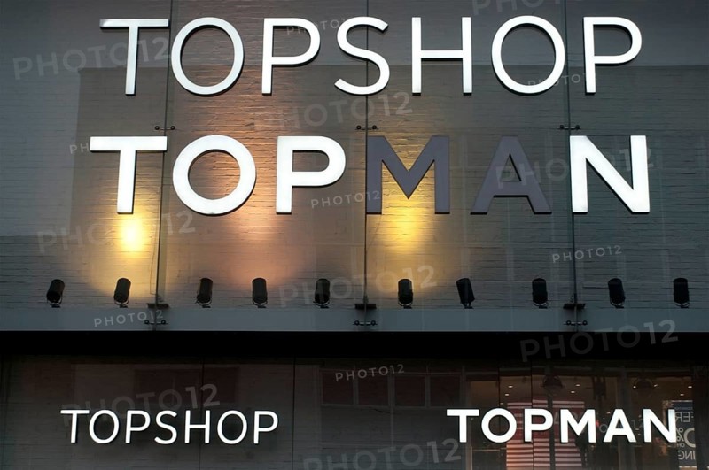 Leeds, West Yorkshire, United Kingdom, 3 December 2020: close up of the sigs on the topshop and topman building building in Briggate in the centre of Leeds, Europe