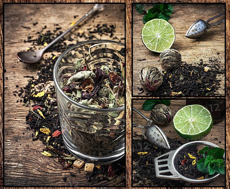Collage of tea paraphernalia and scattered leaves on wooden table