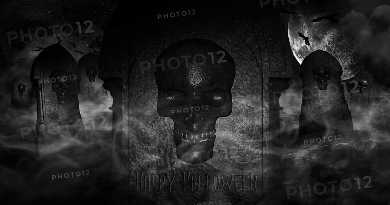 Cemetery At Night With Tombstones With Skulls And Cloudy Sky Full Of Stars in The Background. Halloween Concept 3D illustration