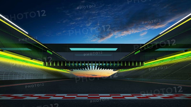 View of the infinity empty asphalt international race track with start and finish line, evening scene . 3d rendering
