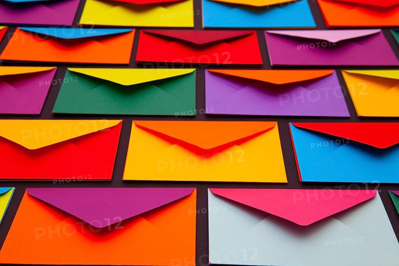 Composition with white and colored envelopes on the table. The photo suitable for various holidays and anniversaries