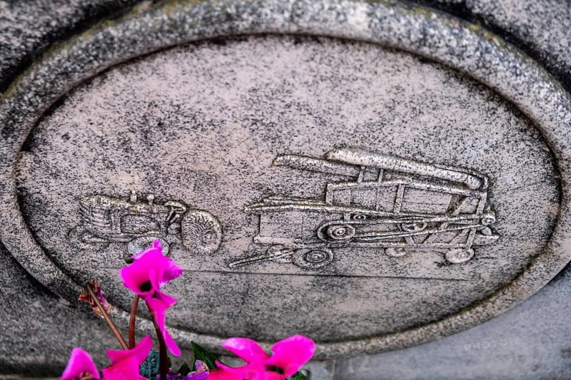 Funerary emblem of a tractor and combine, Ses Salines Cemetery, Majorca, Balearic Islands, Spain, Europe
