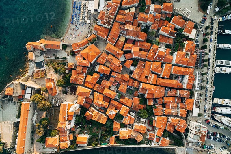 Aerial photo from drone - Old Town Budva, Montenegro. Top down view.