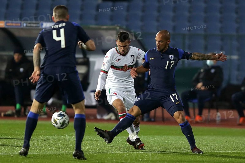 Sofia, Bulgaria - 15 November, 2020: Bulgaria's Dominic Yankov (C)in action with Finland's Nikolai Alho (R) during the UEFA Nations League group stage, League B, Group 4 match between Bulgaria and Finland, Sofia, Bulgaria, Europe