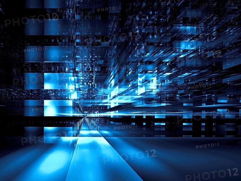 Blue background in tech style. Abstract future city street or futuristic data center - computer-generated 3d illustration. Desktop wallpaper or graphic design element