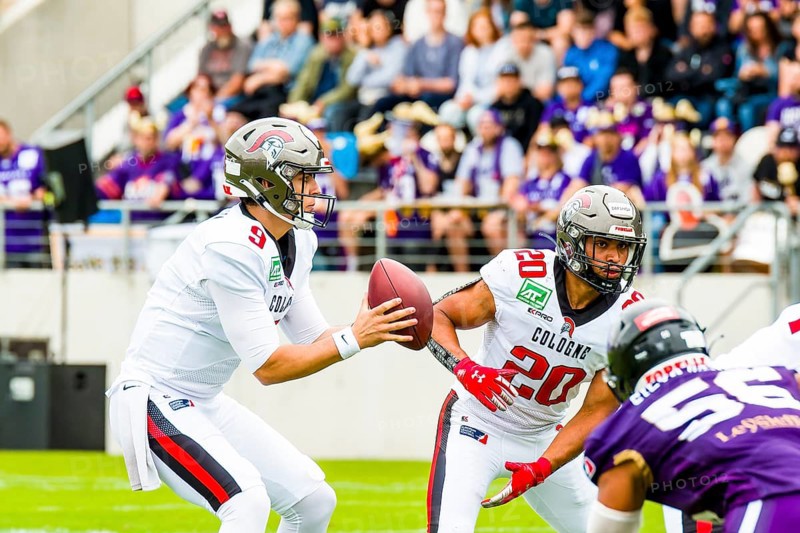 European League of Football, ELF/ Game : Cologne Centurions at Frankfurt Galaxy on July. 01. 2023, in the PSD Bank Arena, Frankfurt, Germany Cologne Centurions- QB # 9 Judd Erickson, RB # 20 Gerald Ameln