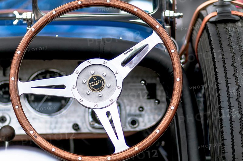 Vintage Bugatti 40 Cafe Racer built in 1926, 1496 cc, 48 hp, 120 km/h, close-up of the dashboard with steering wheel
