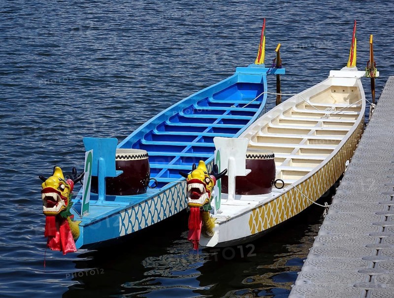 Decorated dragon boats are anchored on the Lotus Lake in Kaohsiung in preparation for the Dragon Boat Festival