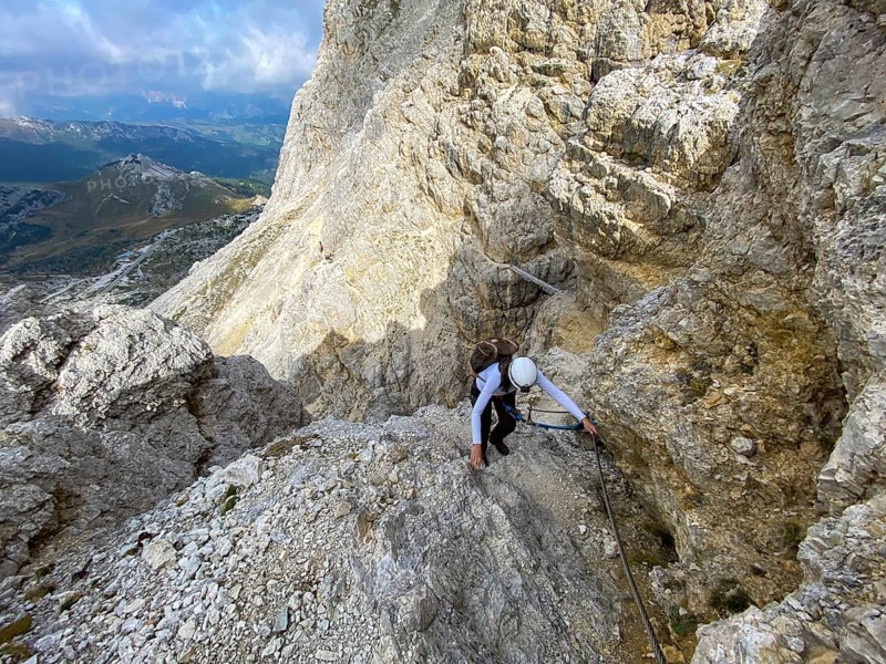 Adventurous hike up to mount Lagazuoi in the Dolomite Alps, autonomous pronvince of South Tirol in Italy