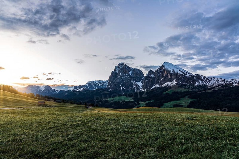 Panoramic view of the Langkofel Group from Seiser Alm in the Dolomites in South Tyrol, Italy, Europe