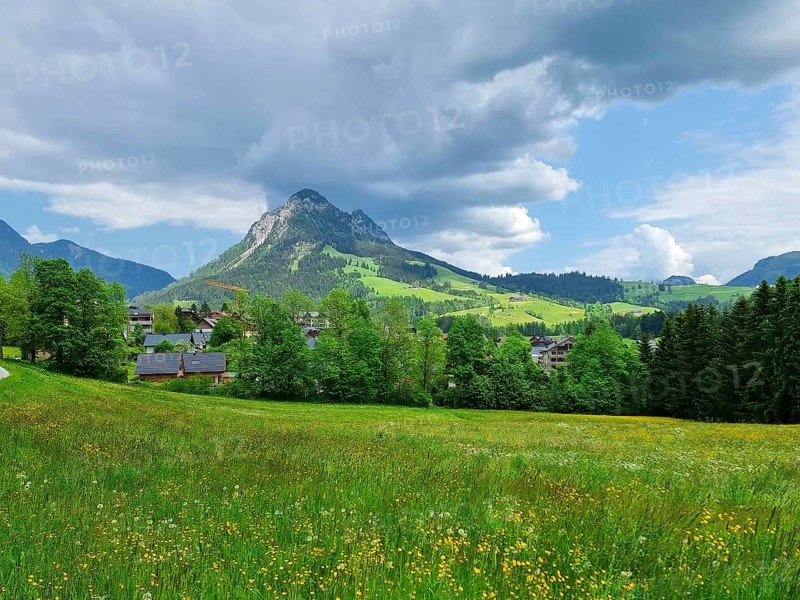 Summer austrian landscape with green meadows and impressive mountains, view from small alpine village Tauplitz, Styria region, Austria, Europe