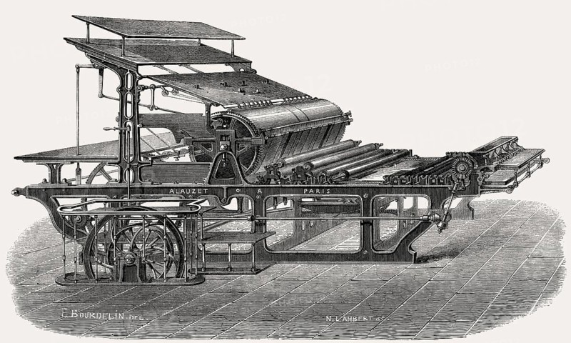 A large belt-driven printing machine, made by Alauzet, Paris, France, 19th century, Europe