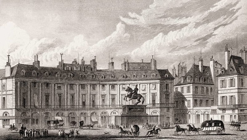 Place des Victoires with statue of Louis XIV., Paris, antique steel engraved print, 1831