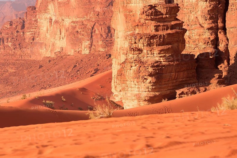Sand dunes and rock mountains landscape in Wadi Rum desert, Jordan, Middle East, Asia