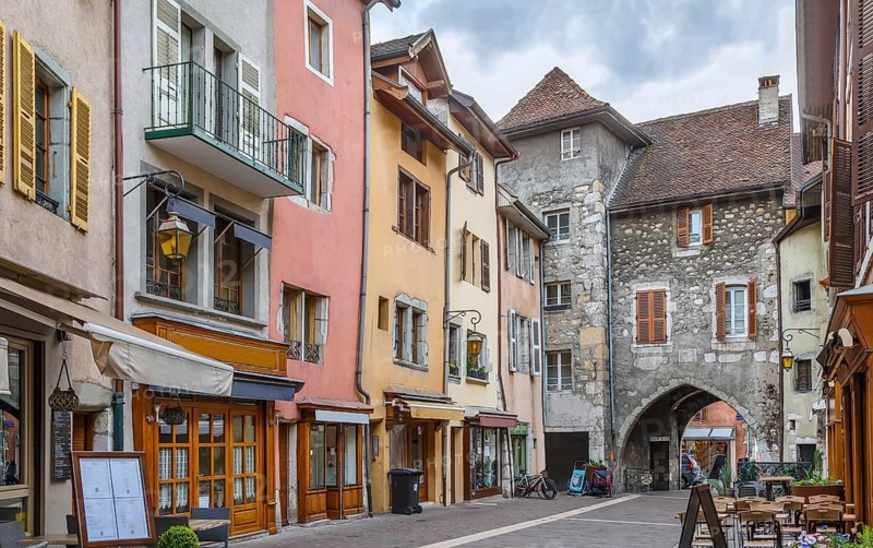 Street with historical houses in Annecy old town, France, Europe